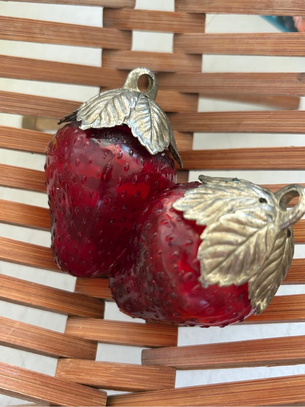 Vintage Glass Red Strawberry Salt & Pepper Shakers with Brass Leaf Caps - Picture 2 of 8